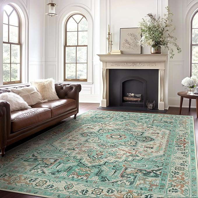GENIMO Machine Washable 8x10 Area Rugs for Living Room, Non Slip Vintage Rugs, Low Pile Lightweight Chenille Print Rug for Bedroom, Dining Room, Home Office, Sky Blue
