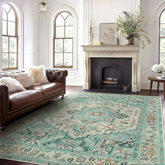 GENIMO Machine Washable 8x10 Area Rugs for Living Room, Non Slip Vintage Rugs, Low Pile Lightweight Chenille Print Rug for Bedroom, Dining Room, Home Office, Sky Blue