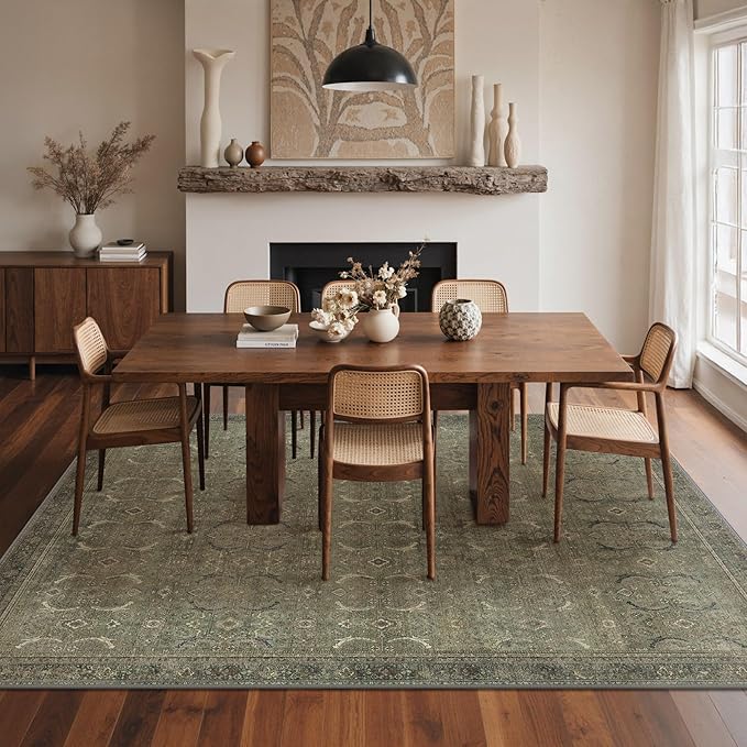 GENIMO 9x12 Area Rugs for Living Room, Machine Washable Non Slip Vintage Rugs, Low Pile Lightweight Chenille Print Rug for Bedroom, Dining Room, Home Office, Muted Green