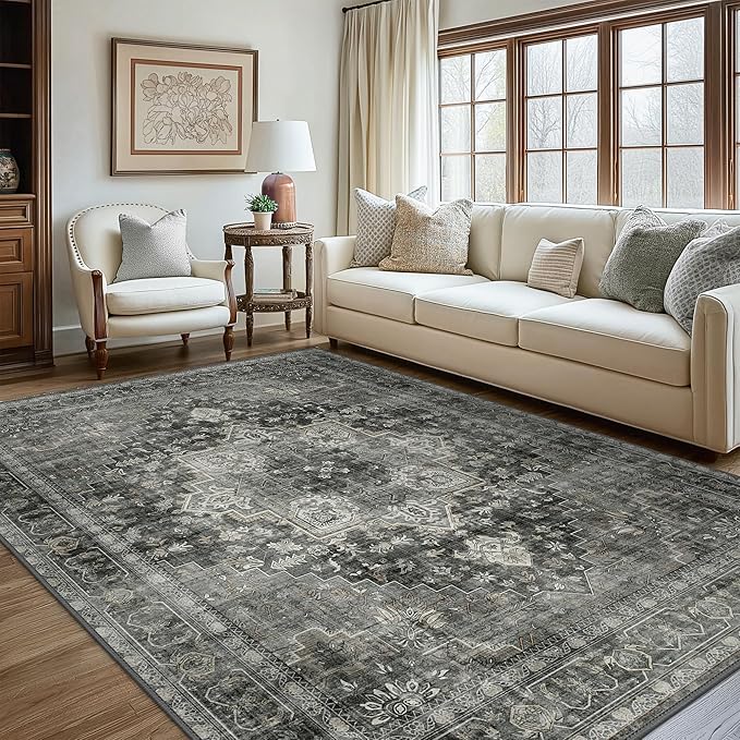 GENIMO 5x7 Area Rugs for Living Room, Machine Washable Non Slip Vintage Rugs, Low Pile Lightweight Chenille Print Rug for Bedroom, Dining Room, Home Office,Charcoal Gray