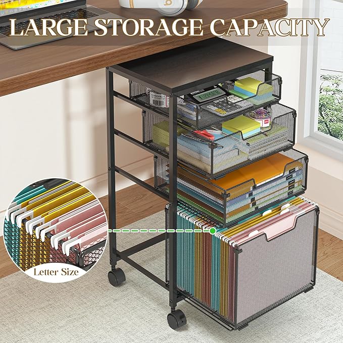 Sbanmao Rolling File Cart with 4 Storage Drawers, Filing Cabinet for Home Office, Hanging File Folder Organizer with Wheels Under Desk, Utility Craft Cart Printer Stand, Black, Patent Pending