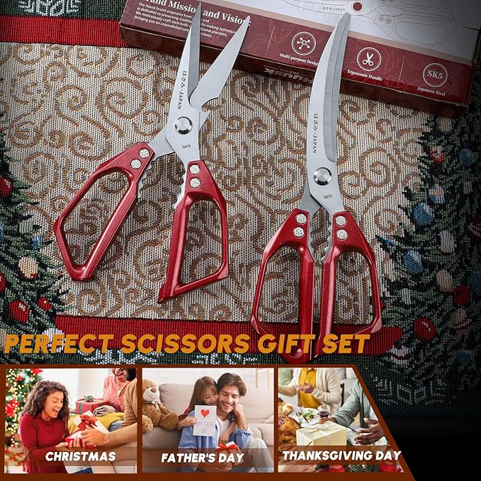 HUUSK Kitchen Scissors Set Red - Stainless Steel Kitchen Shears, Sharp Meat Scissors Dishwasher Safe, Heavy Duty Poultry Shears All Purpose, Japanese Cooking Scissor for Food,Christmas Gifts for Women