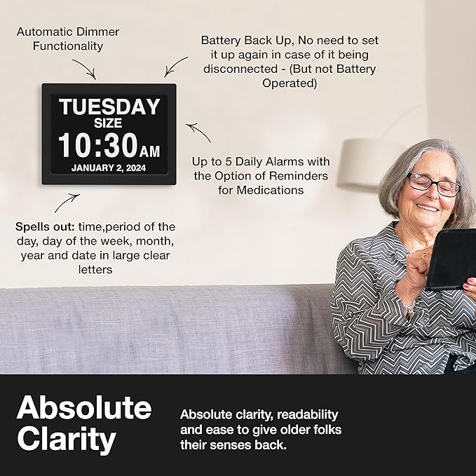 American Lifetime New 2026 Dementia Clock Large Digital Clock for Seniors, Alzeimer Clock Large Display with Custom Alarms, Clock with Day & Date for Elderly, Digital Calendar Black, 15 Inch
