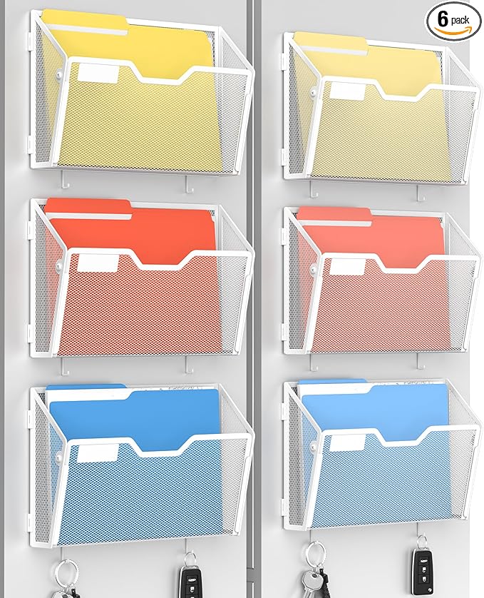 Docnest 6 Pack Magnetic Wall Mounted File Holders,Mesh Letter Organizer with Hooks, Magnetic Hanging Mail Paper Document Organizer for Office, Home, School, White