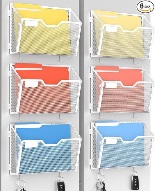 Docnest 6 Pack Magnetic Wall Mounted File Holders,Mesh Letter Organizer with Hooks, Magnetic Hanging Mail Paper Document Organizer for Office, Home, School, White
