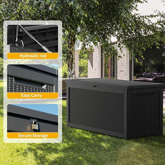 Yardgrace Extra-Large 320 Gallon Outdoor Storage Bin - Waterproof Resin Deck Box for Pool, Patio & Garden, Lockable Outdoor Deck Box for Cushions & Tools, UV-Resistant, Jet Black