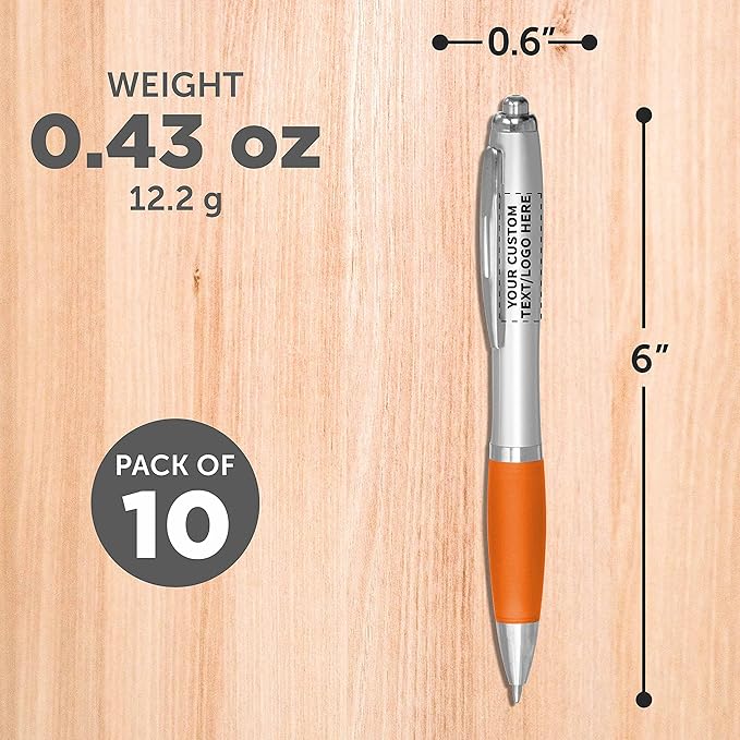 DISCOUNT PROMOS Personalized Ballpoint Pens With Rubber Grip, 10 pack Customizable Ergonomic Click-to-Write Custom Writing Pens for School with Black Ink, Orange
