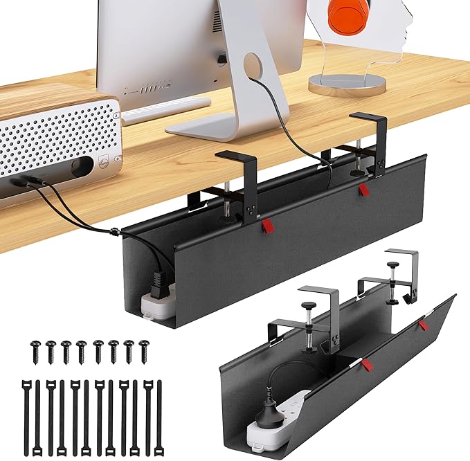 Cotohim Under Desk Cable Management Tray - Under Desk Cord Management - Clamp/Screw Mount - Fabric Wire Management - Cable Raceways Tray Cord Hiders for Office/Home (Black, 28.6"×5.6")
