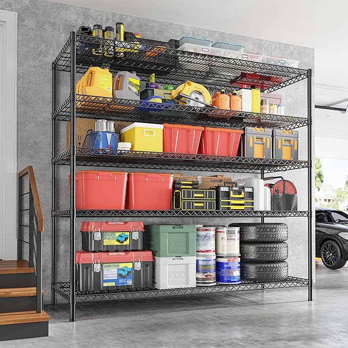 REIBII 55.5" W Storage Shelves 3200LBS Metal Shelving 5 Tier Wire Shelving Unit Garage Shelving Heavy Duty Metal Shelves for Storage Rack Commercial Adjustable Pantry Shelf, 55.5" W X 18''D X 71" H