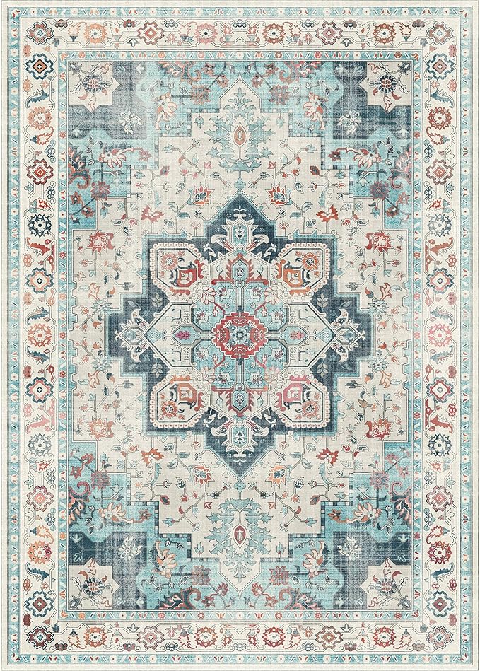 GENIMO 9x12 Area Rugs for Living Room, Machine Washable Non Slip Rugs, Low Pile Lightweight Vintage Print Rug for Bedroom, Dining Room, Home Office, Cyan/White