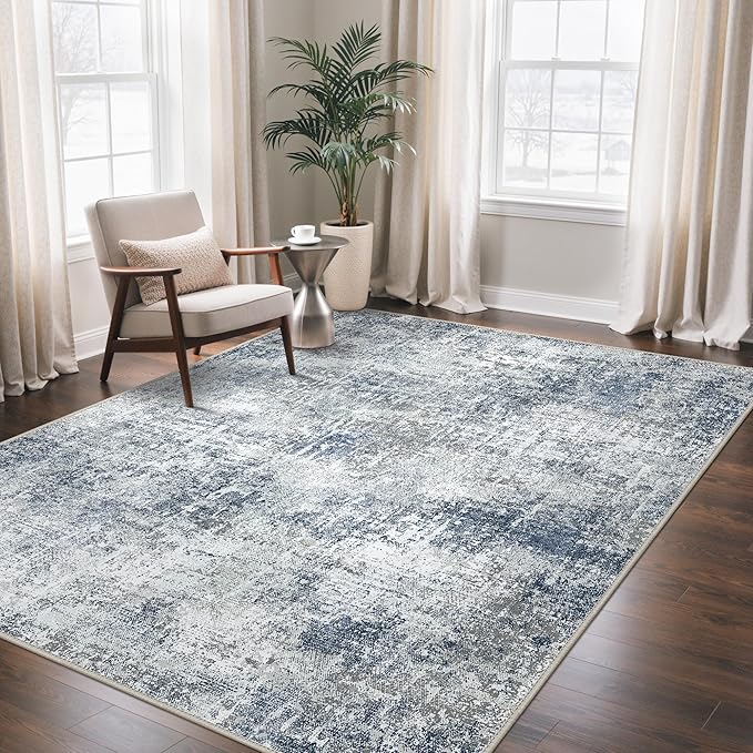 GENIMO Washable Area Rugs for Living Room, 8x10 Modern Non Slip Rugs, Low Pile Lightweight Soft Print Rug for Bedroom, Dining Room, Home Office, Washed Light Denim Blue
