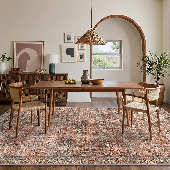 GENIMO 6x9 Area Rugs for Living Room, Machine Washable Non Slip Vintage Rugs, Low Pile Lightweight Chenille Print Rug for Bedroom, Dining Room, Home Office, Terracotta Indigo
