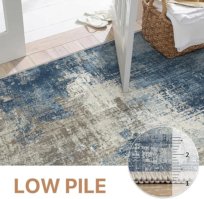GENIMO Washable Area Rugs for Living Room, 9x12 Modern Non Slip Rugs, Low Pile Lightweight Soft Print Rug for Bedroom, Dining Room, Home Office, Washed Slate Blue