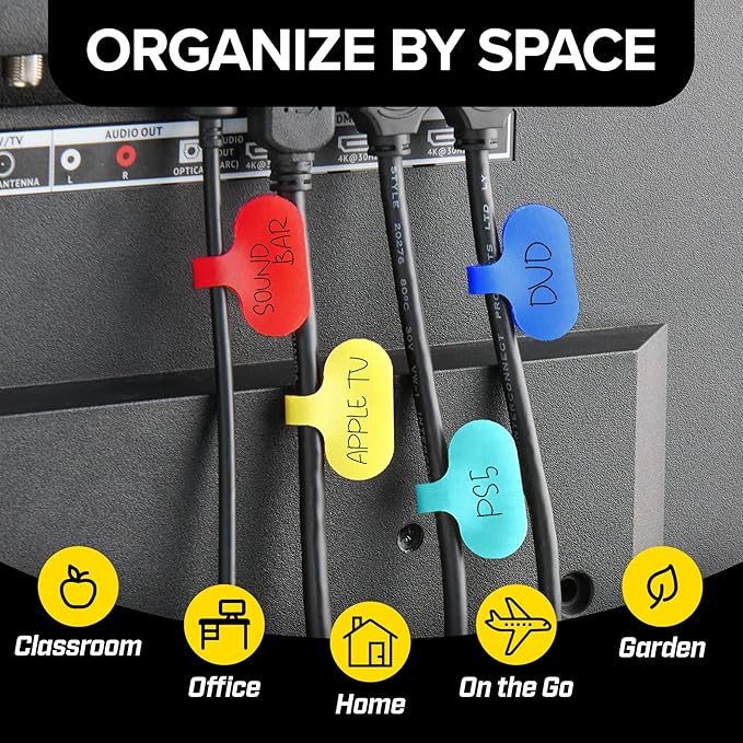 Wrap-It Storage - Cable Labels - Oval, Multi-Color (36 Pack) - Write-On Wire Tags for Cord Identification with Power Strips Behind Desks and TVs