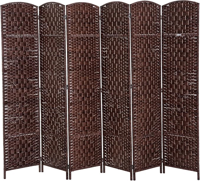 HOMCOM Room Divider, 6 Panel Folding Privacy Screen, 6FT Tall Portable Wicker Weave Partition Wall Divider for Bedroom, Home Office, Brown