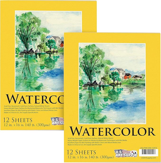 U.S. Art Supply 12" x 16" Premium Heavyweight Watercolor Paper Pad, Pack of 2 (12 Sheets Each), 140lb (300gsm) - Cold Pressed, Acid-Free, Wet, Water Color Paper - for Artists, Students