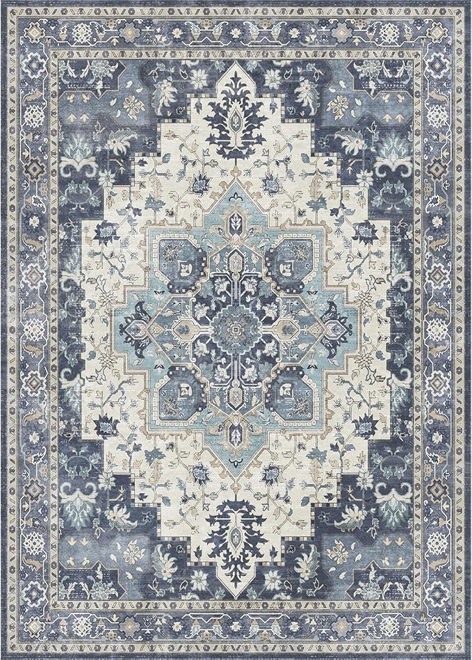 GENIMO 8x10 Area Rugs for Living Room, Machine Washable Non Slip Vintage Rugs, Low Pile Lightweight Chenille Print Rug for Bedroom, Dining Room, Home Office, Center Blue