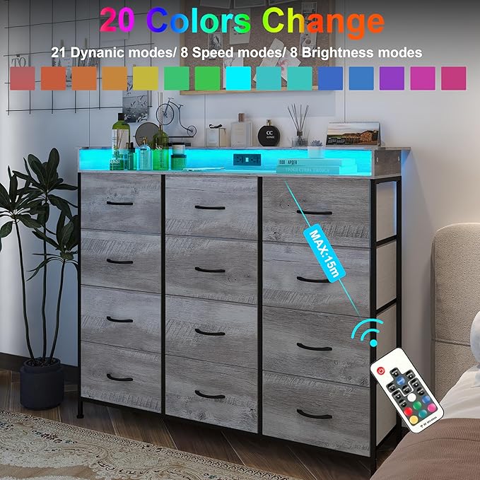 Welfuturer Dresser for Bedroom with 12 Drawers LED Dressers & Chests of Drawers Charging Station Fabric Dresser Storage Organizer Unit for Hallway Entryway Closets Sturdy Steel Frame Wood Top Gray