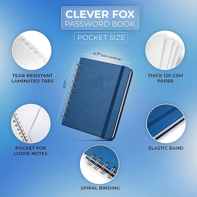 Clever Fox Password Book Spiral – Mini Internet Address & Password Organizer with Laminated Alphabetical Tabs – Small Password Keeper Journal – Hardcover, Pocket Size, 4.7x5.7” (Mystic Blue)