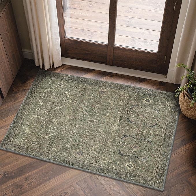 GENIMO 2x3 Area Rugs for Living Room, Machine Washable Non Slip Vintage Rugs, Low Pile Lightweight Chenille Print Rug for Bedroom, Dining Room, Home Office, Muted Green