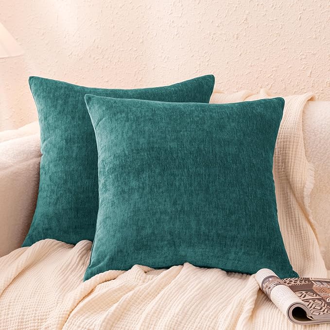 Amazon Basics Chenille Throw Pillow Covers, Home Decor Cushion Cover for Bedroom Living Room Couch Bed, 22" W × 22" L, Deep Teal