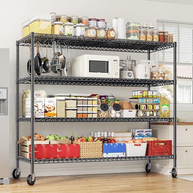 REIBII 55.5''W Storage Shelves 2500LBS Wire Shelving Unit with Wheels Heavy Duty Metal Shelves for Storage Adjustable Garage Storage Rack Pantry Shelf Kitchen Shelving, 75.6" H X 55.5''W X 24" D, 3PCS