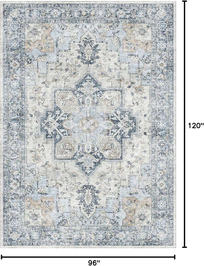 GENIMO 8x10 Area Rugs for Living Room, Machine Washable Non Slip Vintage Rugs, Low Pile Lightweigt Chenille Print Indoor Rug for Bedroom, Dining Room, Home Office, Blue