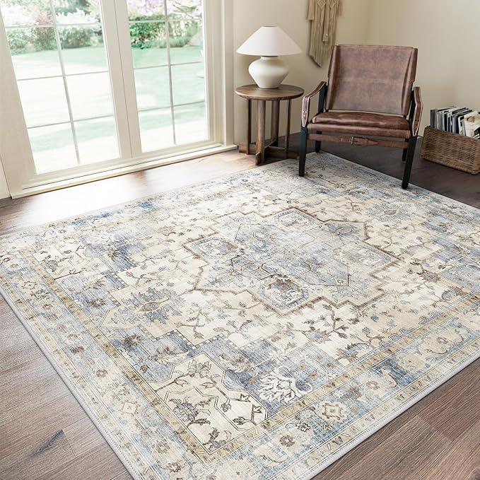 GENIMO 5x7 Area Rugs for Living Room, Machine Washable Rug, Non Slip Indoor Vintage Rug, Low Pile Lightweight Chenille Print Carpet for Bedroom Dining Room Home Office, Mint Sage