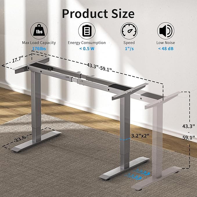 BIZUM Dual Motor Electric Standing Desk Frame with Memory Controller, Computer Memory Desk Adjustable Table Legs Up to 47.2" for Home and Office, Metallic Silver
