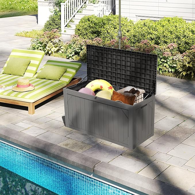 Decksplore 100 Gallon Outdoor Storage Box Waterproof, Lockable Resin Deck Box Patio Storage Bin for Pool Accessories Cushion Furniture, Garden Tools, UV-Resistant Outside Delivery, Grey