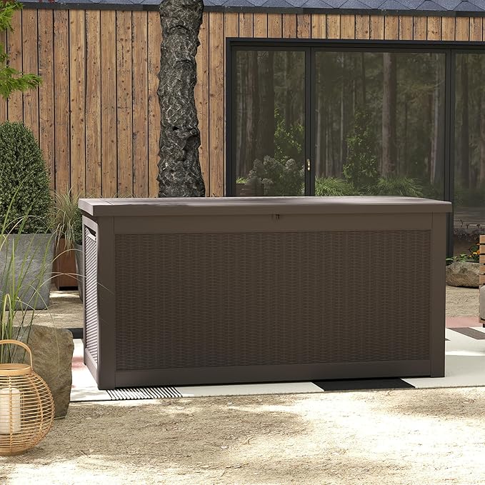 Yardgrace 320 Gallon Outdoor Storage Box Waterproof, Resin Deck Boxes with Lockable Lid & UV-Resistant for Patio, Pool, Garden Furniture Cushions & Accessories, Coffee