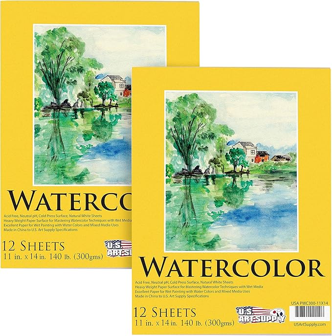 U.S. Art Supply 11" x 14" Premium Heavyweight Watercolor Paper Pad, Pack of 2 (12 Sheets Each), 140lb (300gsm) - Cold Pressed, Acid-Free, Wet, Water Color Paper - for Artists, Students