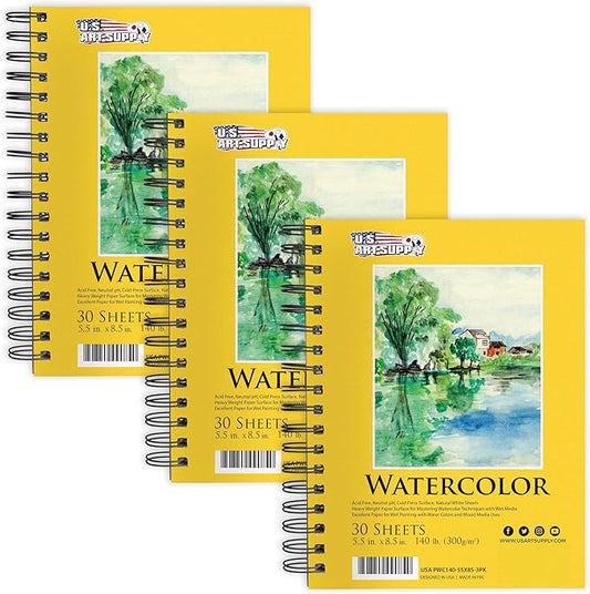 U.S. Art Supply 5.5" x 8.5" Premium Heavyweight Watercolor Paper Pad, Pack of 3 (30 Sheets Each), 140lb (300gsm) - Spiral Bound, Cold Pressed, Acid-Free, Wet, Water Color Paper - For Artists, Students