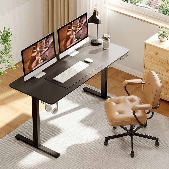 FitStand Adjustable Stand Up Desk with Memory Preset, Standing Desks 55 x 24 Inch Electric Home Office Desk Computer Workstation Splice Black Top + Black Frame