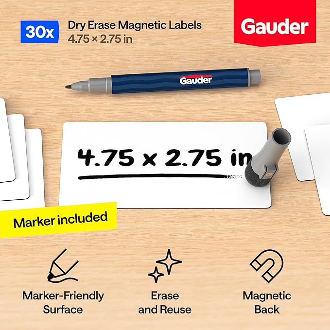 GAUDER Magnetic Labels Writable - Reusable Magnet Tags for Whiteboard, Chalkboard, Kanban Board and Refrigerator - Magnet Cards with Marker (30 Pack - 4.7 x 2.75 Inches)