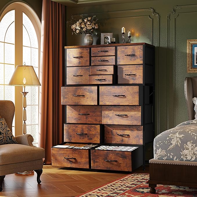 Romorgniz 57“H Dresser for Bedroom with Multiple Drawers, Fabric Dressers & Chests of Drawers for Bedroom,Large Dresser, Sturdy Metal Frame & Wood Top,Entryway, Hallway(Rustic Brown)