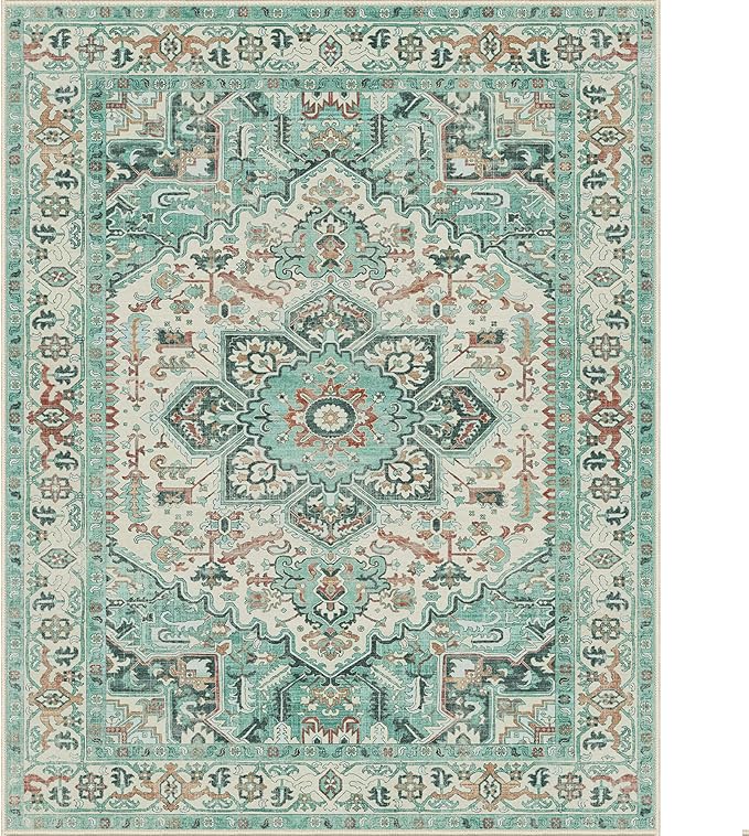 GENIMO Machine Washable 8x10 Area Rugs for Living Room, Non Slip Vintage Rugs, Low Pile Lightweight Chenille Print Rug for Bedroom, Dining Room, Home Office, Sky Blue
