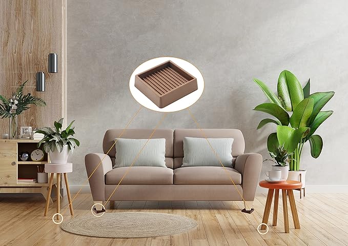 VOCOMO 2X2 Rubber Caster Cups, Non Slip Furniture Pads, Anti-Slip Gripper, Anti Skid Furniture Feet, Anti Slide Floor Protector for Bed Couch Table Chair Stoppers - 12 Pack, Brown