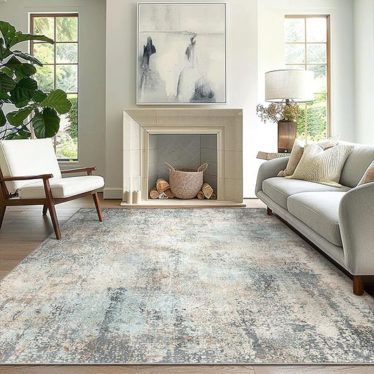 GENIMO Washable Area Rugs for Living Room, 8x10 Modern Non Slip Rugs, Low Pile Lightweight Soft Print Rug for Bedroom, Dining Room, Home Office, Washed Light Blue