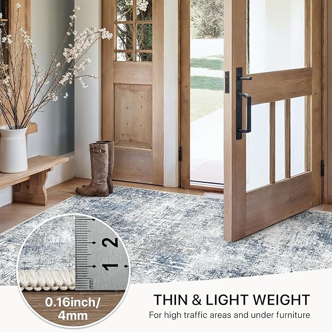 GENIMO Washable Area Rugs for Living Room, 8x10 Modern Non Slip Rugs, Low Pile Lightweight Soft Print Rug for Bedroom, Dining Room, Home Office, Washed Light Denim Blue