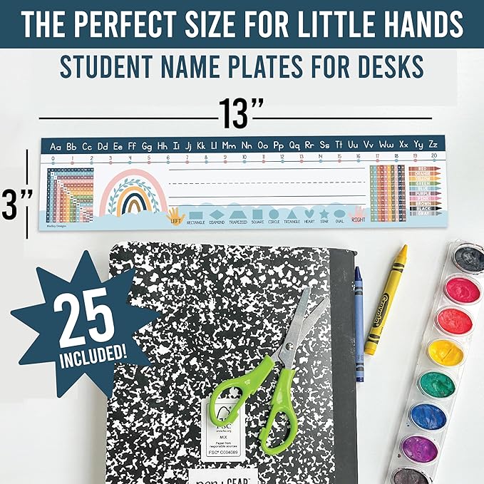 Desk Name Tags for Classroom -25 Student Name Plates for Classroom Kindergarten, Preschool, 1st, 2nd & 3rd Grade, 13x3 Teacher Nameplates for Student Desks, Boho Nametags