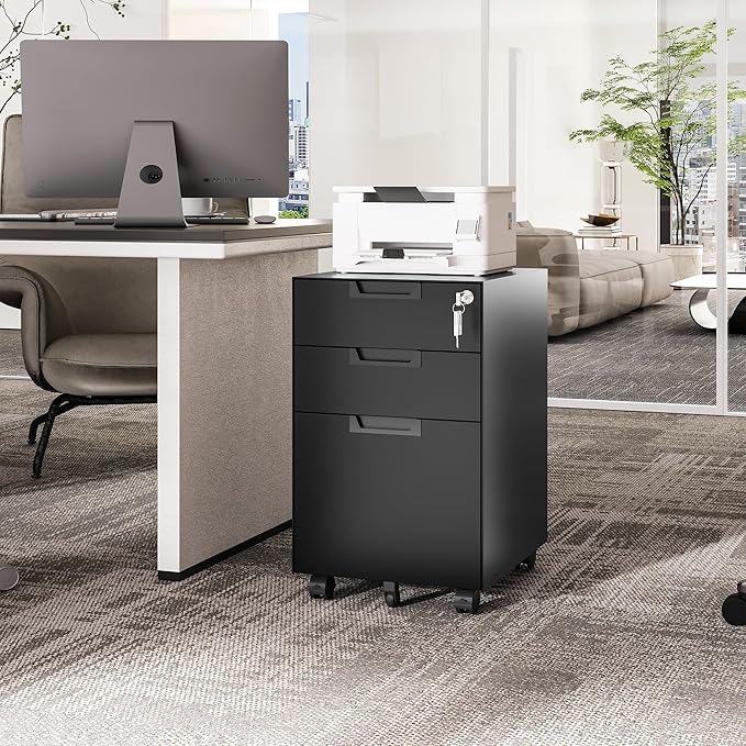 Fesbos 3 Drawer Vertical File Cabinet, Mobile Filling Cabinets with Lock for Legal/Letter Size, Pre-Built Office Storage File Cabinet with Wheels Under Desk - Fully Assembled