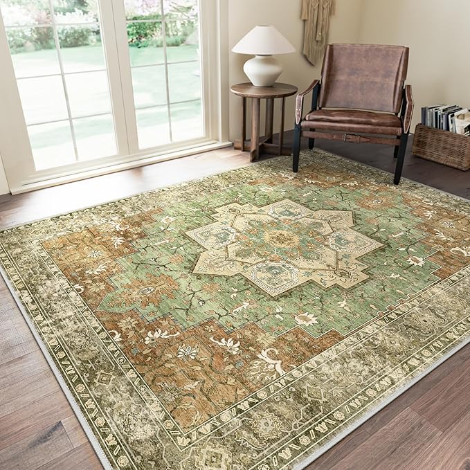 GENIMO 5x7 Area Rugs for Living Room, Machine Washable Rug, Non Slip Indoor Vintage Rug, Low Pile Lightweight Chenille Print Carpet for Bedroom Dining Room Home Office, Muted Green Brown