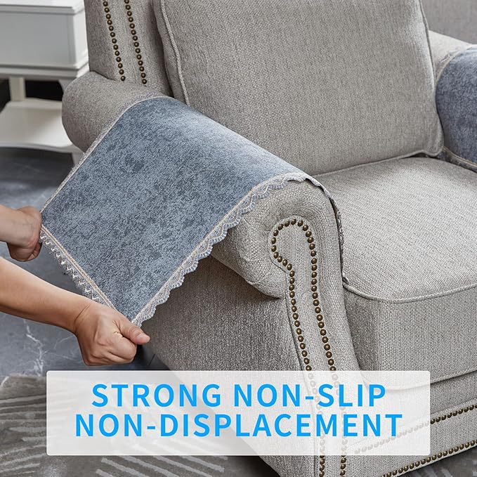 MINJIATEX Couch arm Covers,Non-Slip lace Sofa arm Covers Set of 2 Washable Sofa armrests Covers for Living Room Recliner Chair arm Cover Protectors for Leather Sofa armrest slipcover (GYDF-Grey)