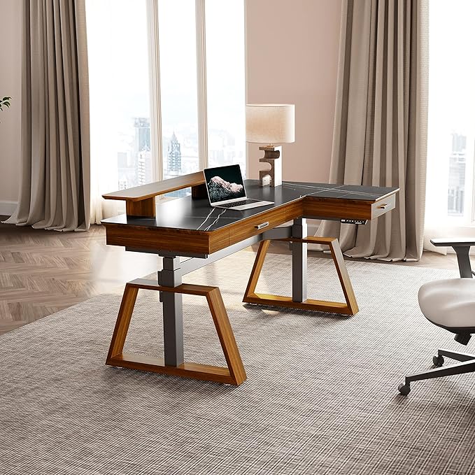 EUREKA ERGONOMIC Electric Standing Desk with Dual Drawers,63 Inche Executive Desk,Height Adjustable L-Shaped Office Desk, Computer Workstations with Monitor Stand,Right/Black
