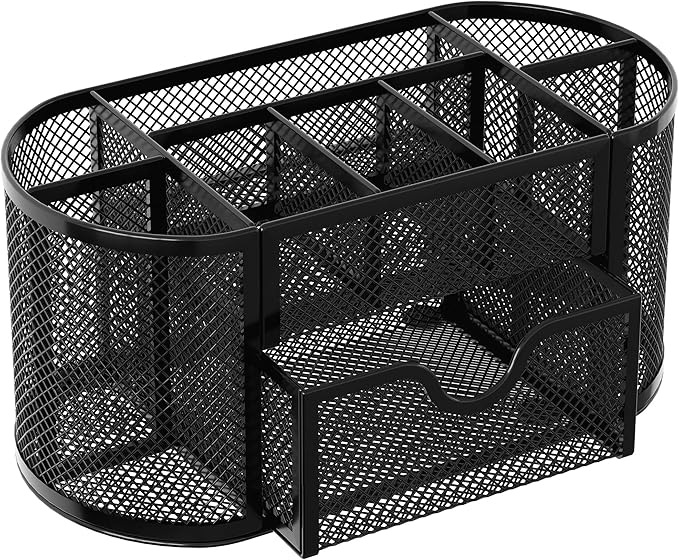 EasyPAG Mesh Pen Holder Desk Organizer with Drawer Stationery Supplies Organizer for Dorm School 9 Compartments Workspace Desk Accessories Organization for Office, Black