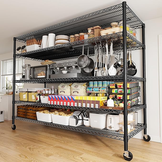 REIBII 85.7"H Garage Shelving 2998LBS Storage Shelves with Wheels&Feet,5 Tier Garage Shelves Heavy Duty Adjustable Wire Shelving for Basement Commercial Industrial Pantry, 85.7"H X 55.5"W X 24.2"D
