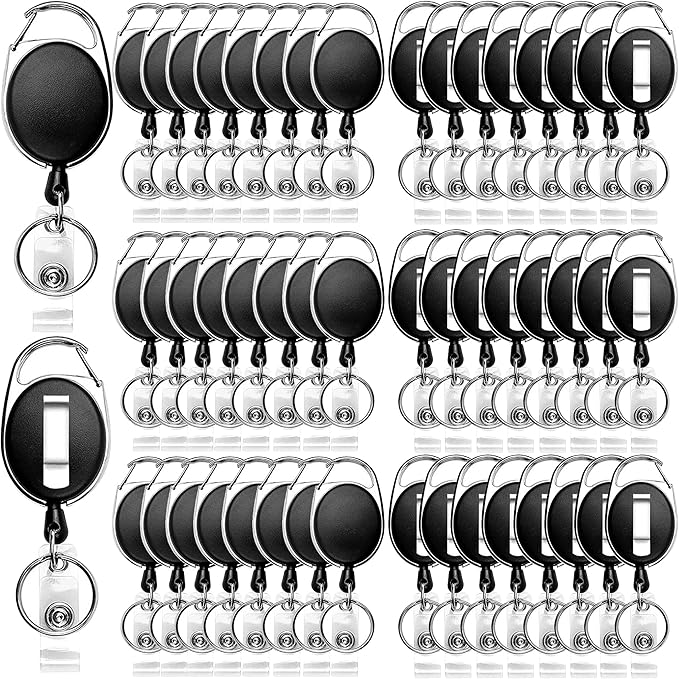 SOVYOULIVE 50 Pack Heavy-Duty Retractable Badge Holders with Carabiner Clip and Key Ring, Black ID Badge Reel for Office, ID Card Holder and Key Chain