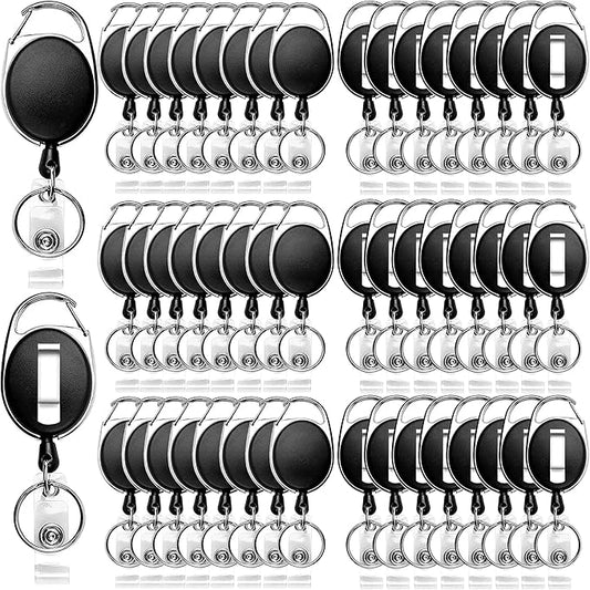 SOVYOULIVE 50 Pack Heavy-Duty Retractable Badge Holders with Carabiner Clip and Key Ring, Black ID Badge Reel for Office, ID Card Holder and Key Chain