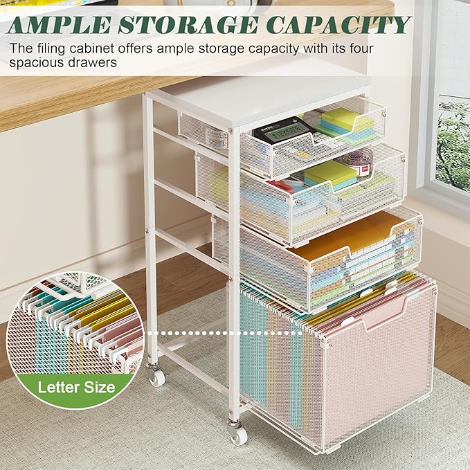 Sbanmao 4 Drawer Rolling File Cart with Wheels, Mobile Filing Cabinet for Home Office, Hanging File Organizer, Under Desk Storage, Multifunctional Utility Cart Printer Stand, White (Patent Pending)